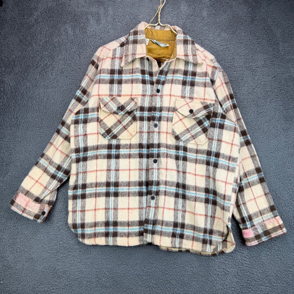 Brigham Vintage 70s Men Large Wool Linen Plaid Flannel Shirt Jacket Cream Brown